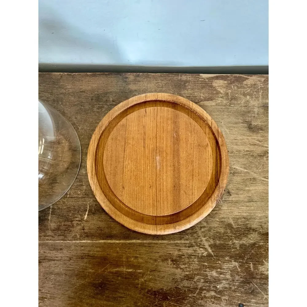 Vintage Glass Cloche and Teak Plate | Lidded Cake Cheese Dessert Dome
